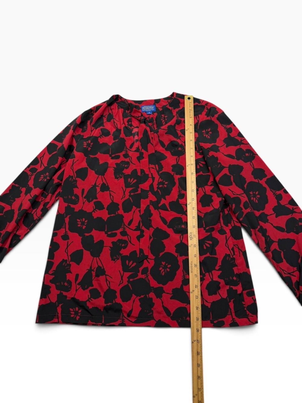 Pendleton Women's Floral Tie Neck Blouse Size 10 Red Black Long Sleeve Top - Picture 11 of 13